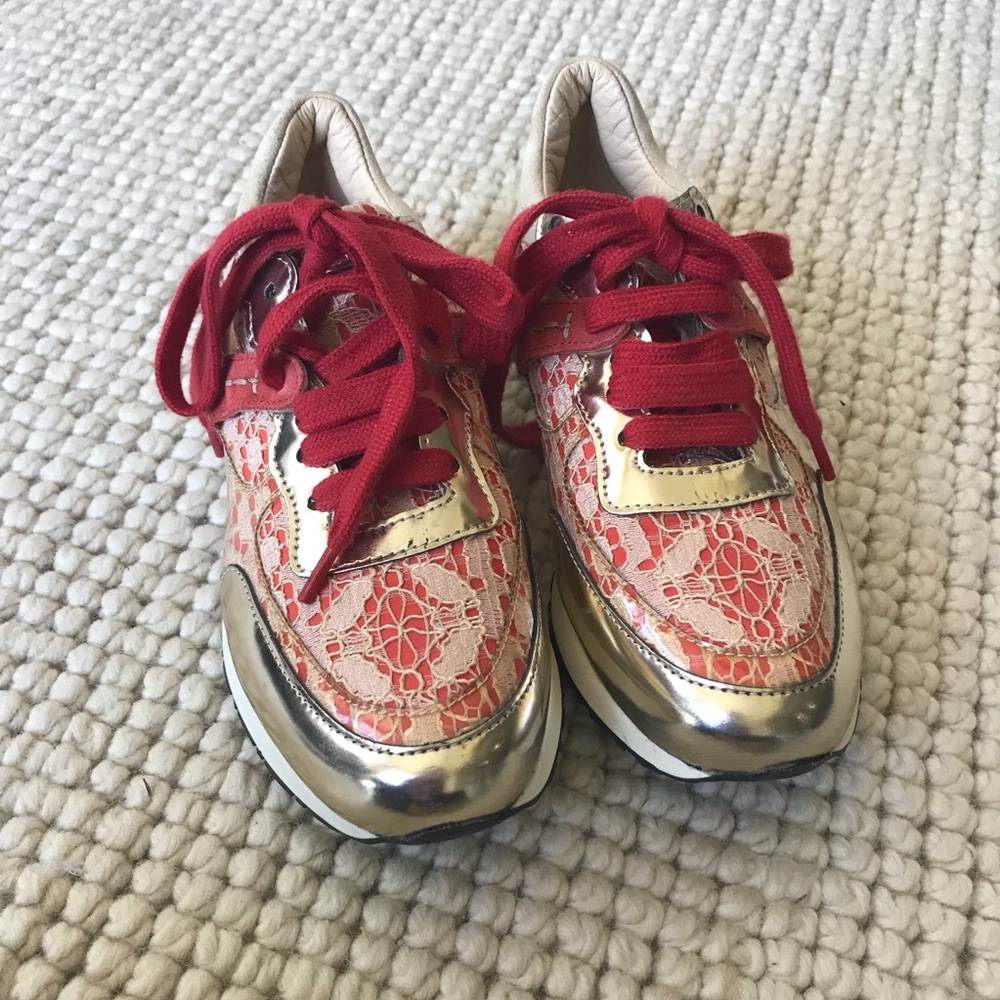 Pinko Pink and gold metallic lace sneakers